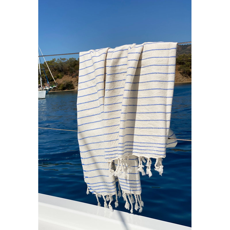Luxurious Fouta Beach Towel, 100% Cotton, 35.4 x 72.8 inches | High Water Absorbent, Soft and Lightweight, 7.4 oz/sq ft | Stylish Blue & Cream Design, Perfect for Beach, Pool, or Spa | Machine Washable
