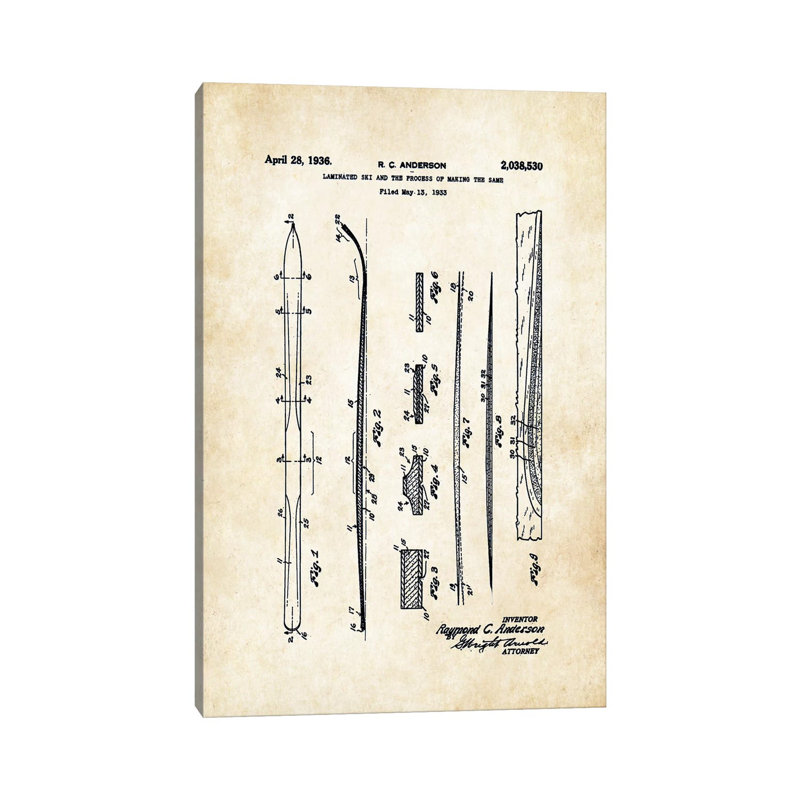 Snow Skis (1936) by Patent77 - Wrapped Canvas Print, 20.32 cm H x 30.48 cm W