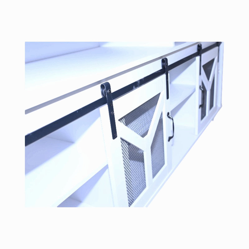 65.3" Tv Stand With Led Light Strips And Iron Mesh Barn Door Y Decorative Strip, White/Walnut