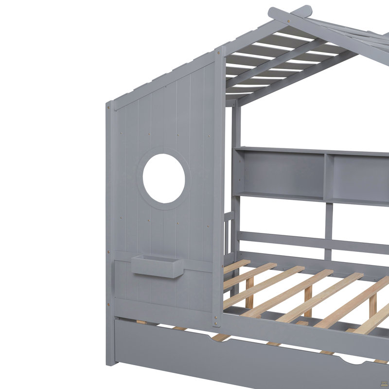 Lit double en bois avec lit gigogne, Gris