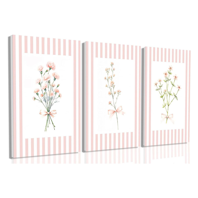 Trendy Pink Floral Wall Art Set Of 3, Preppy Canvas Prints With Bow And Stripe Border Cute Aesthetic Botanical Wall Decor Artwork For Bedroom Bathroom Home Decor Girl Dorm Room,24X16 In Framed
