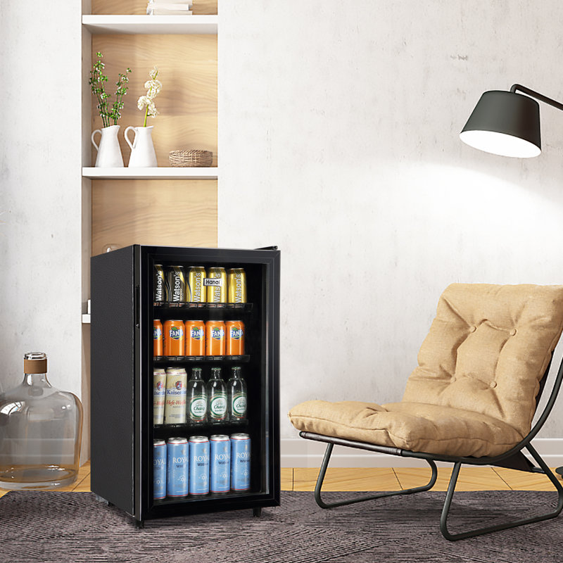 WANAI 17.3'' W Freestanding 120 Cans (12 oz.) 3.5 Cubic Feet Beverage Cooler with Wine Storage and Glass Door