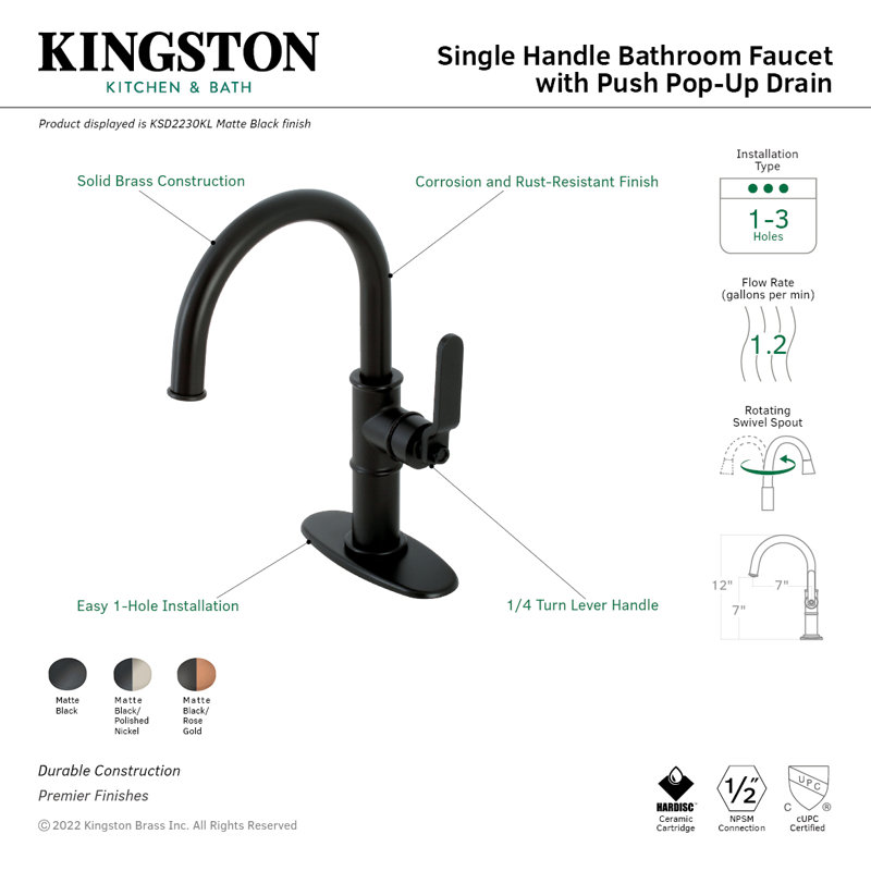 Kingston Brass Whitaker Single-Handle 1-Hole Deck Mount Bathroom Faucet with Push Pop-Up and Deck Plate, Matte Black