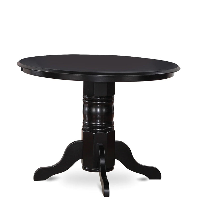 5 Piece Dining Table Set for 4 Includes a Round Kitchen Table with Pedestal and 4 Blue Linen Fabric Parsons Dining Chairs, Black