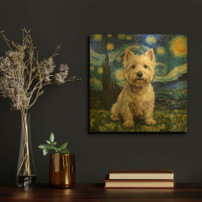 «West Highland White Terrier Starry Night» par Rich Monet, art mural en métal doré, 12 po x 12 po