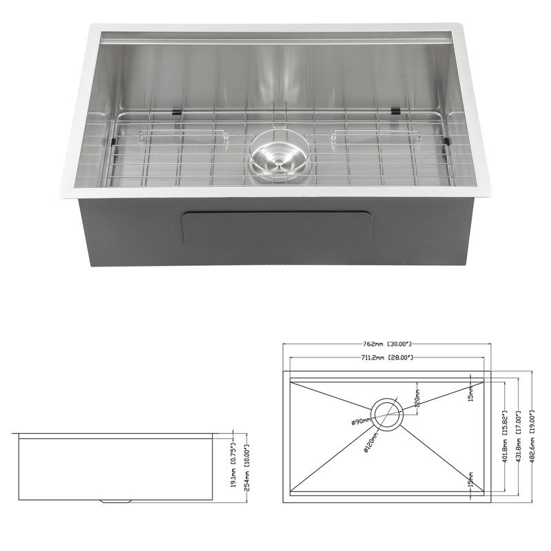 Évier de cuisine encastrable en acier inoxydable 304 de calibre 16 de 30 po de longueur, 19 po de largeur et 10 po de hauteur, poste de travail avec rebords sur chenilles à l'avant, drainage en forme de X pour un entretien facile, conception arrondie R10, revêtement