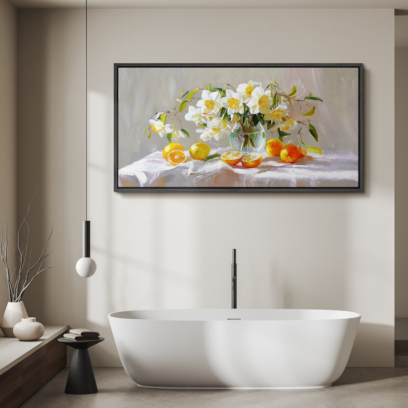 " Vibrant Still Life With White Blossoms And Citrus Fruits Antique Retro Artwork Extra Large Painting ", 30" H x 60" W, Black