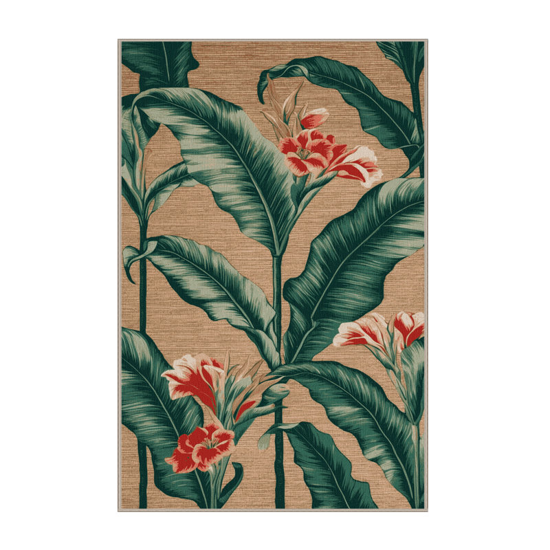 Tapis botanique beige lavable à la machine, Rectangulaire 2 pi x 3 pi