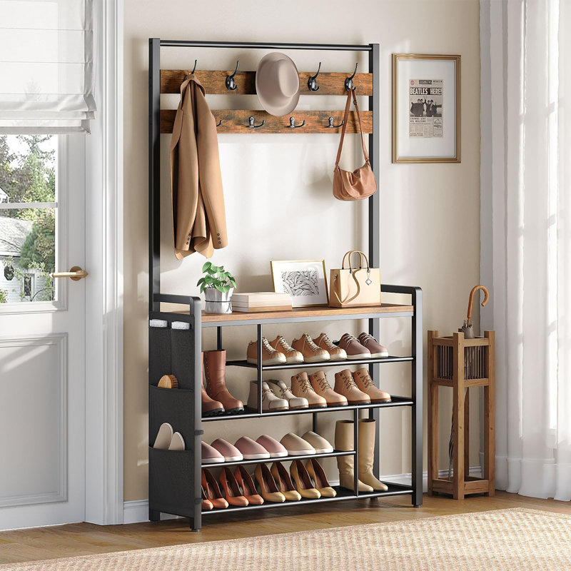 Hall Tree with Bench, Shoe Rack with Coat Rack, Rustic Brown