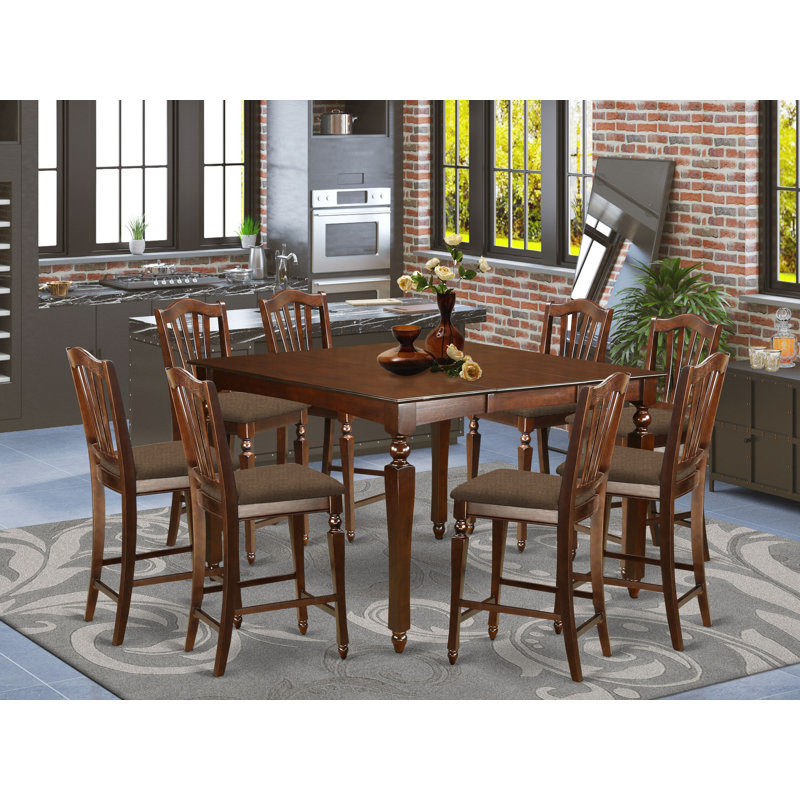 Ensemble bistro 9 pièces à hauteur de comptoir comprenant une table de salle à manger carrée avec rallonge papillon et 8 chaises de cuisine revêtues de tissu en lin, 54 x 54 pouces, acajou