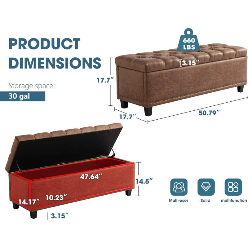 51" Ottoman Storage Benches, 30 Gallons of Bed Storage Bench with Storage, Brown