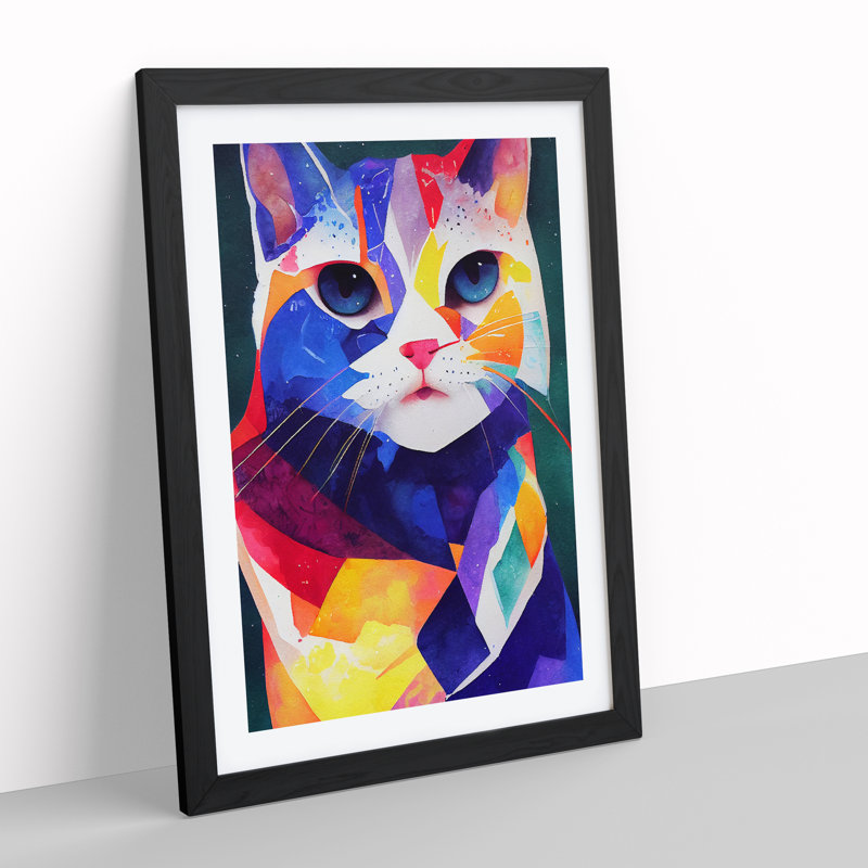 Colourful Cat No.2 - Single Picture Frame Print, 64cm H x 46cm W x 2cm D, Black