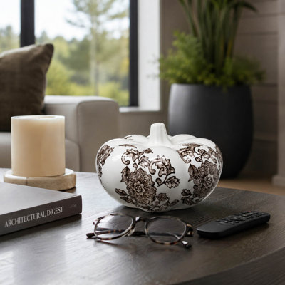 Modern Chinoiserie Pumpkin Accent Sculpture for Home Office Decorations - Decorative Ceramic Tabletop Object for Living Room Decor - Brown & White