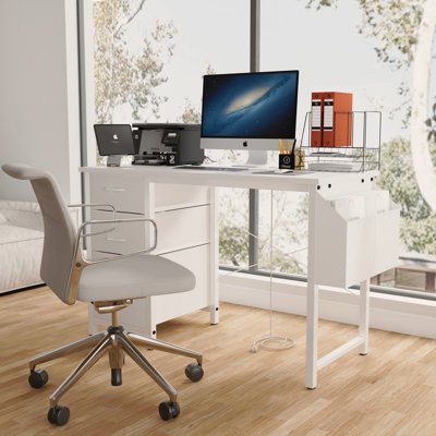 47.3"Office Desk With Power Outlet,3 Drawers,Side Pocket, Study Desk Easy To Assemble,Frame Stability Reversible