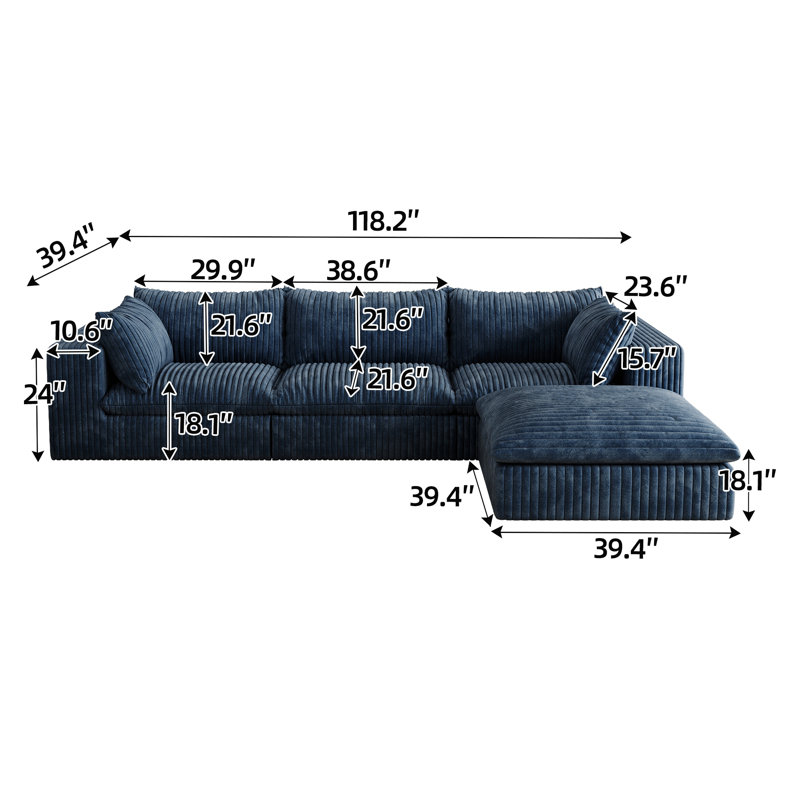 Canapé avec coussin amovible, Blue, H 24 po x l 118,2 po x P 78,8 po