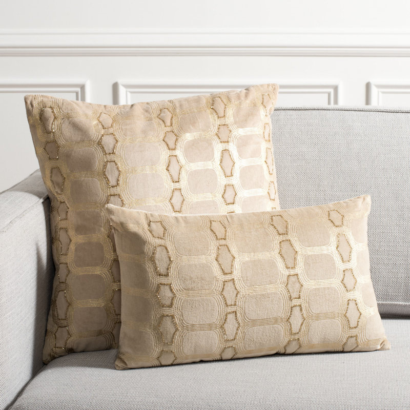 Adalie 12" x 20" Beige and Gold Geometric Cotton Pillow