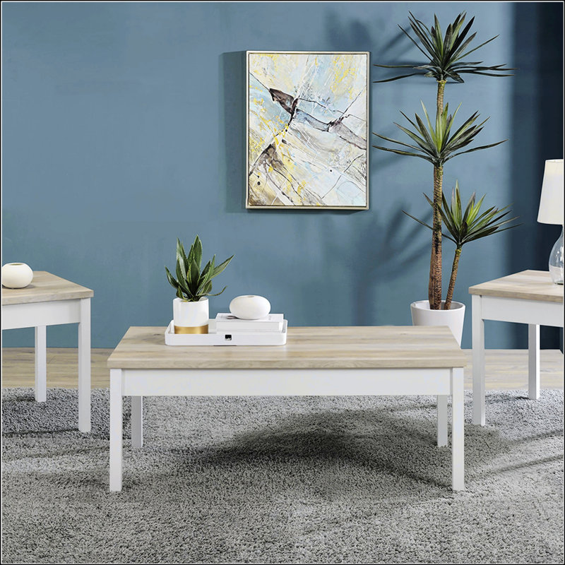 Distressed Pine And White 3-Piece Coffee Table Set