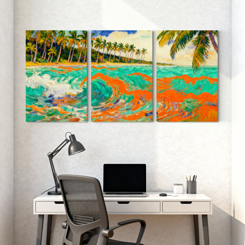 Ensemble de 3 tableaux sur toile tendue représentant des vagues tropicales et des palmiers, H 18 po x l 36 po