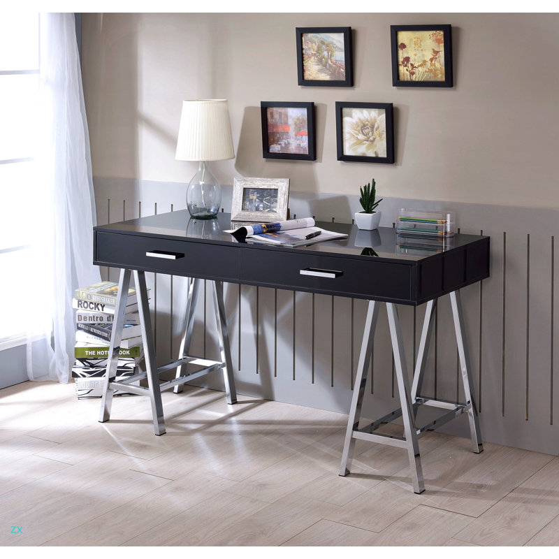 Bureau d'écriture rectangulaire avec ports USB intégrés, 2 tiroirs pleine extension et base en métal