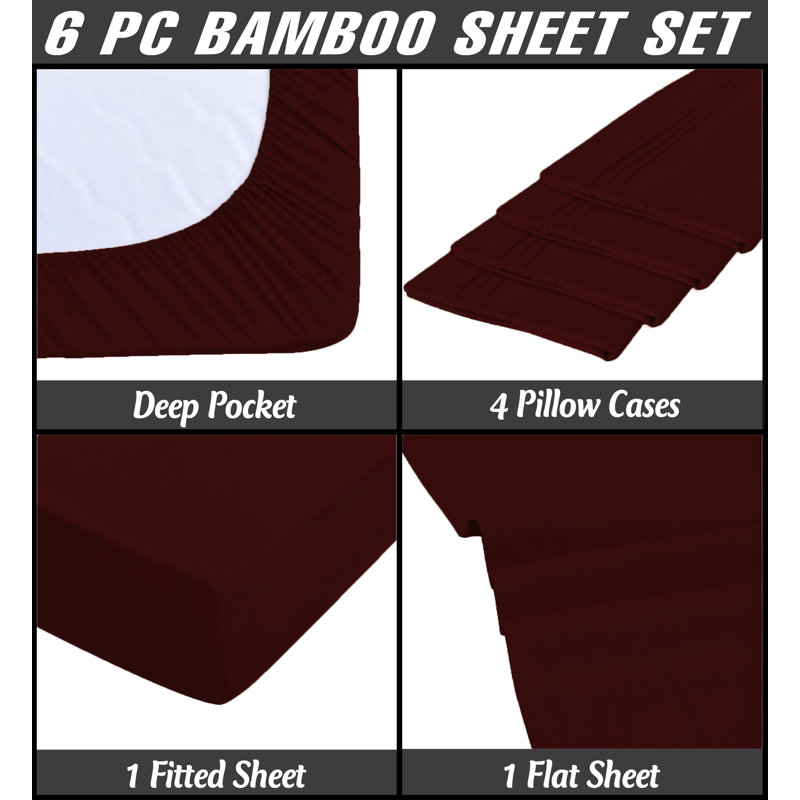 Premium Rayon From Bamboo 6 Pc Sheet Set With Deep Pockets, Cooling, Cal.King Sheet Set with 4 Pillowcase, Burgundy