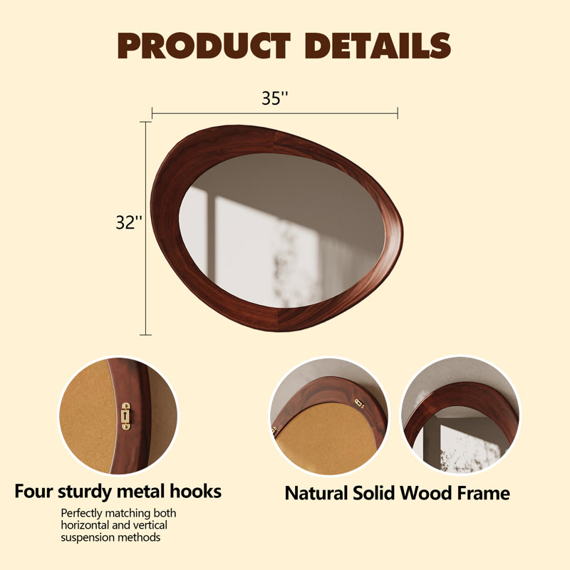 Asymmetrical Solid Walnut Wood Wall Mirror – 35" W x 32" H