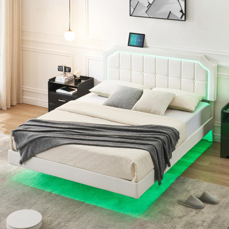 Structure de lit plateforme tapissier avec lumières DEL et lit flottant visuel à tête de lit, Grand