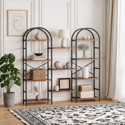 Bibliothèque industrielle moderne de 160 cm de hauteur avec structure métallique, 11 tablettes ouvertes, triple colonne et 4 niveaux.