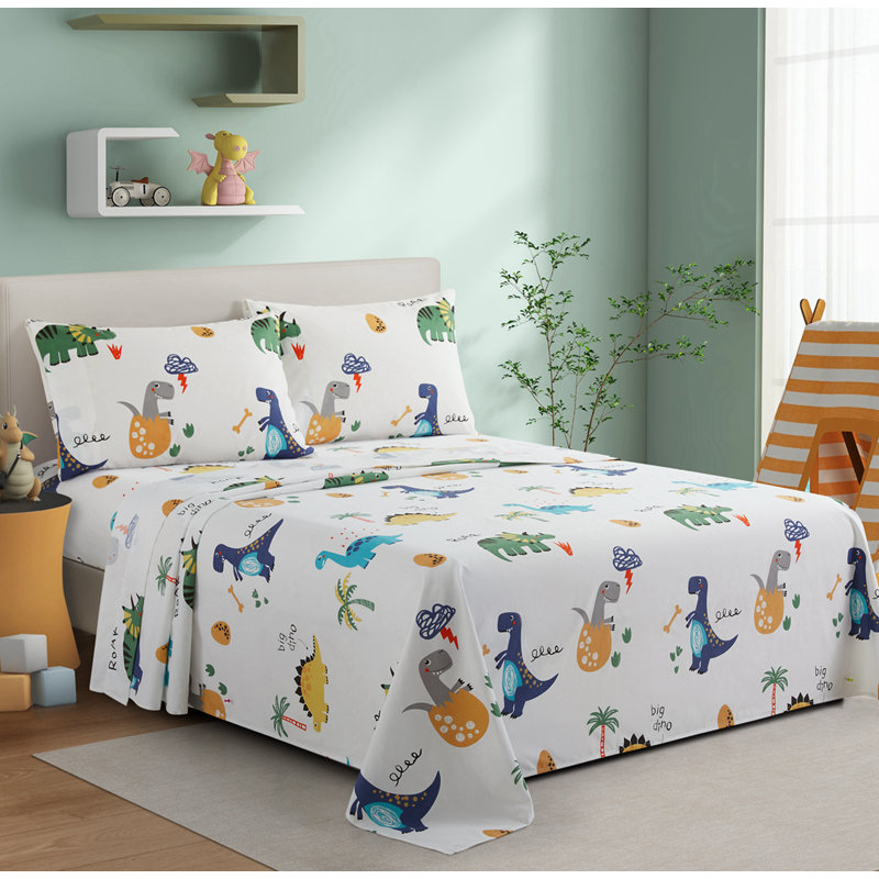 Marina Decoration Boys Toddlers Cute 600 Thread Count Home Bedding Bedroom Soft Bedsheet Deep Pocket Percale 3 Pieces Kids Printed Cotton Sheet Set, Cartoon Dinosaur Zoo Dino Pattern Twin/Single Size