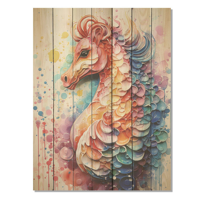 Hippocampe rose, élégance océanique - Hippocampe, impression sur bois, H 32 po x l 24 po