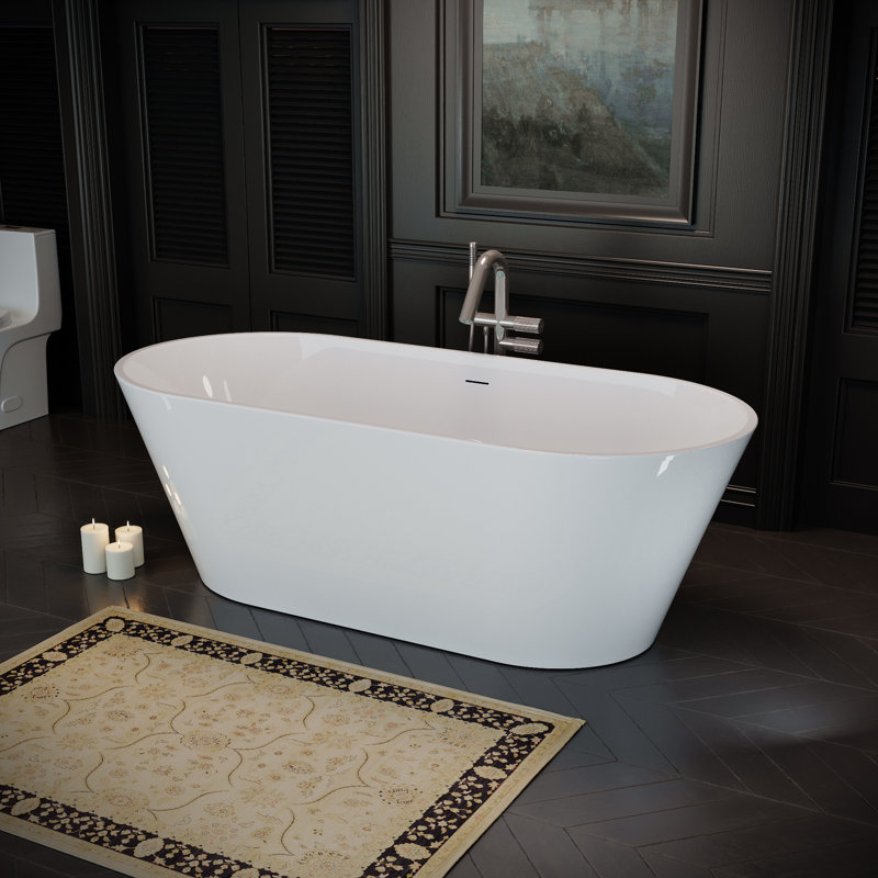 Baignoire autoportante en acrylique de 63 po x 29,53 po, baignoire profonde ovale avec bonde escamotable centrale et trop-plein intégré pour spa de salle de bain, blanc brillant
