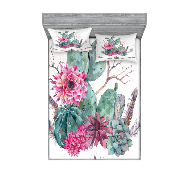 Ensemble de draps et taies décoratives Ambesonne Cactus, vert, rose, brun, Ensemble de draps pour très grand lit + 1 drap-ho
