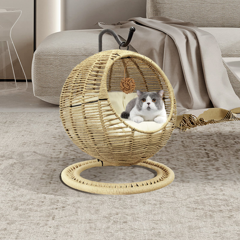 Hanging Rattan Cat Bed – Spherical Woven Nest with Soft Cushion, Cat Hammock for Indoor Cats