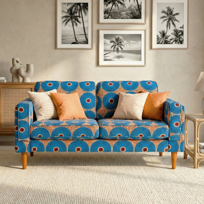 Mid-Century Modern Upholstered Sofa, Bold Blue & Orange Geometric Circle Print Fabric, Solid Wood Legs, Compact Living Room Accent Sofa(2-Seat)