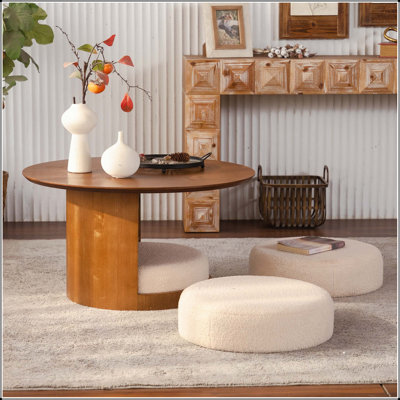 Table basse ronde avec 3 tabourets gigognes en tissu et rangement caché