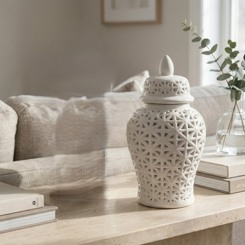 Debraa Handmade Ceramic Cutout Ginger Jar with Lid – Available in White & Gold (2 Sizes), 14.5" H x 7.5" W x 7.5" D, White