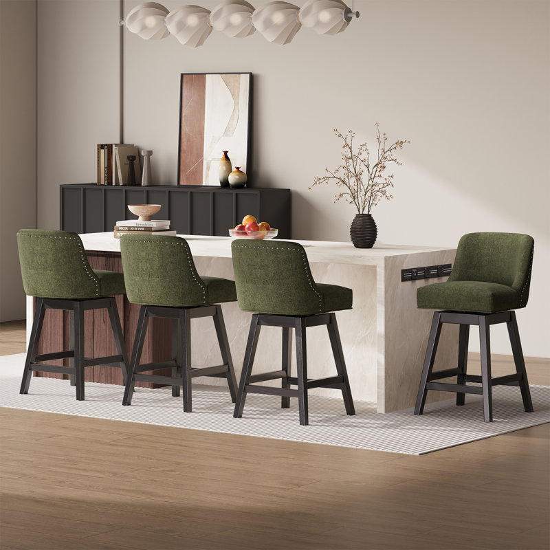 Swivel Upholstered Bar Stool with Solid Wood Frame, Green, 4