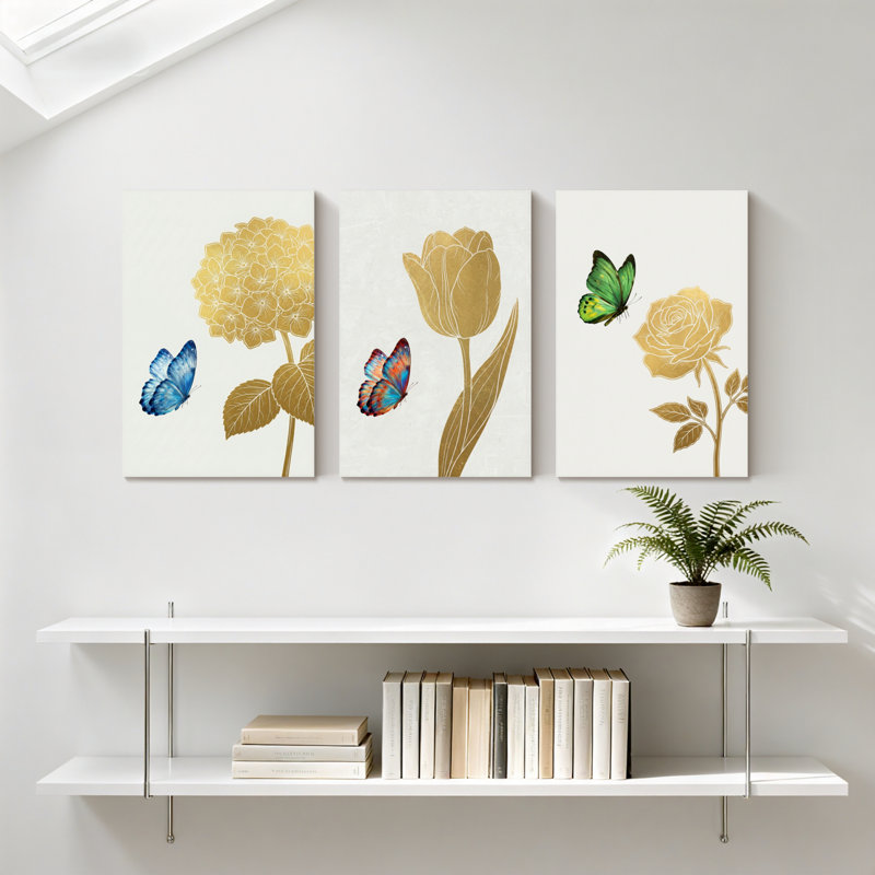 Plantes et fleurs, fleurs dorées et papillons colorés, ensemble de 3 impressions sur toile, H 30 po x l 60 po