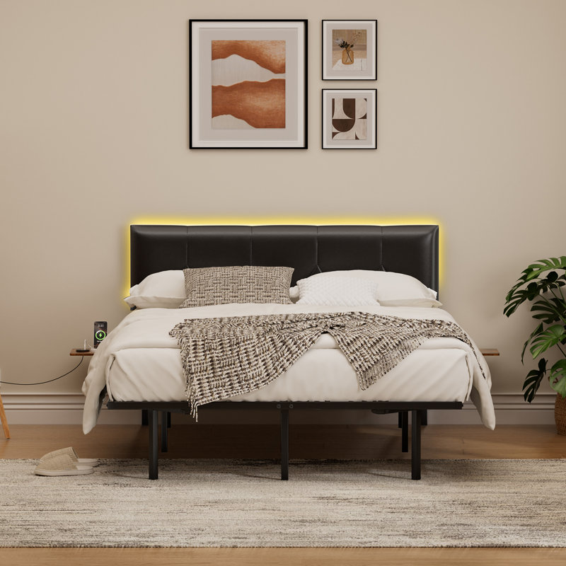 Metal Floating Bed Frame with Adjustable Height Upholstered Headboard, Built-in USB Charging & LED Lighting, Double (4'6)