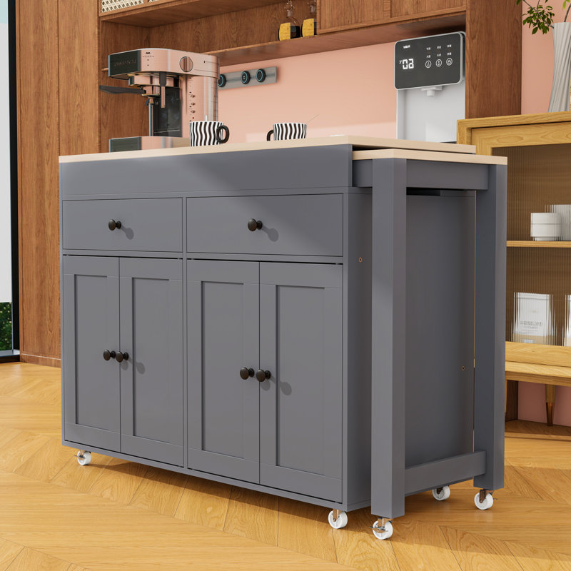 Îlot de cuisine avec table de salle à manger extensible, armoire à 4 portes, 2 tiroirs et support à épices, Gris