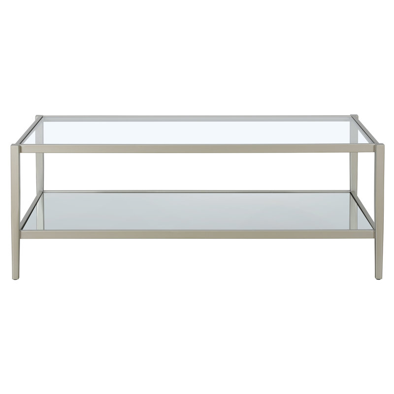 Hera 45" Wide Rectangular Coffee Table with Mirror Shelf in Satin Nickel, Satin Nickel