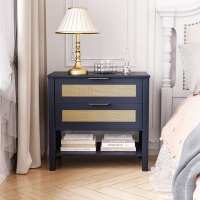Table de chevet étroite en rotin avec 2 tiroirs et tablette de rangement Boho