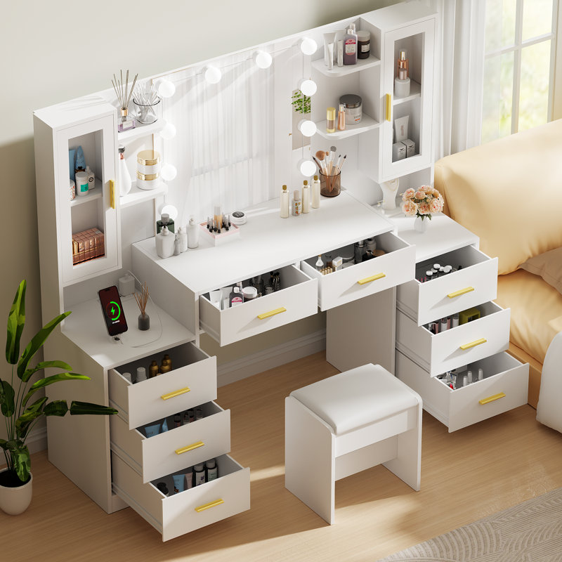 59.1" Large Vanity Desk Table With Mirror & Lights, White Makeup Vanity With Power Outlet And 8 Drawers 2 Cabinets
