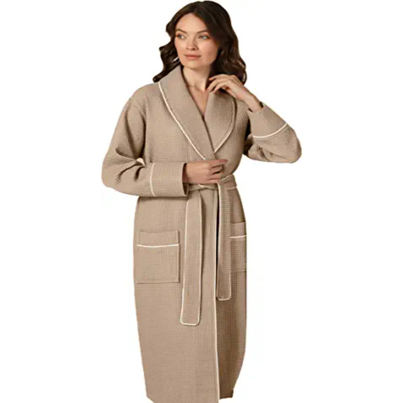 Peignoir mi-mollet en coton avec poches, M, Bleu-gris