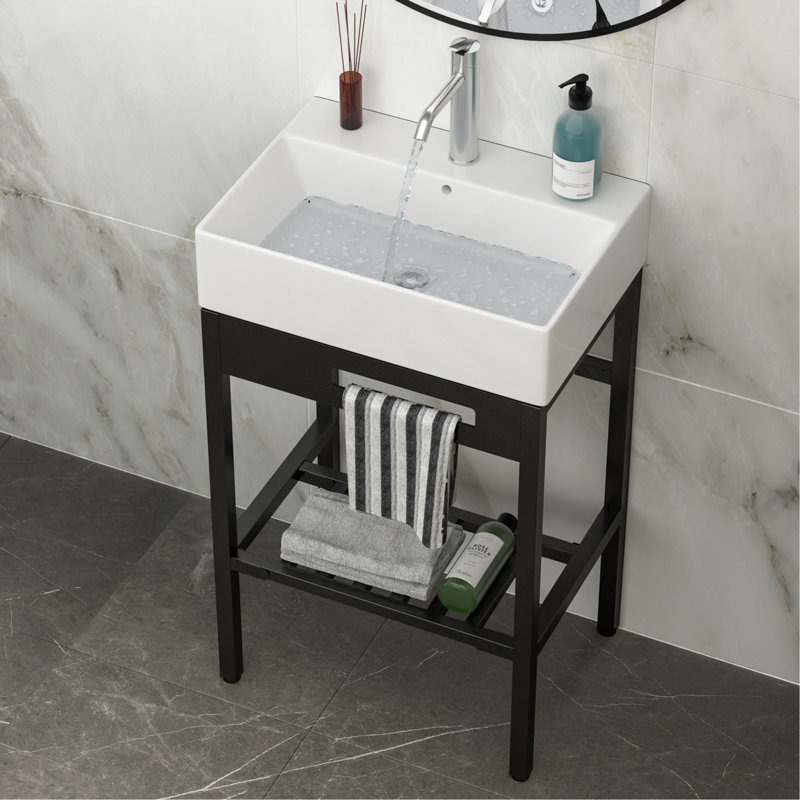 Console de lavabo en céramique 24 "x 16,75" avec trop-plein, pieds en métal noir