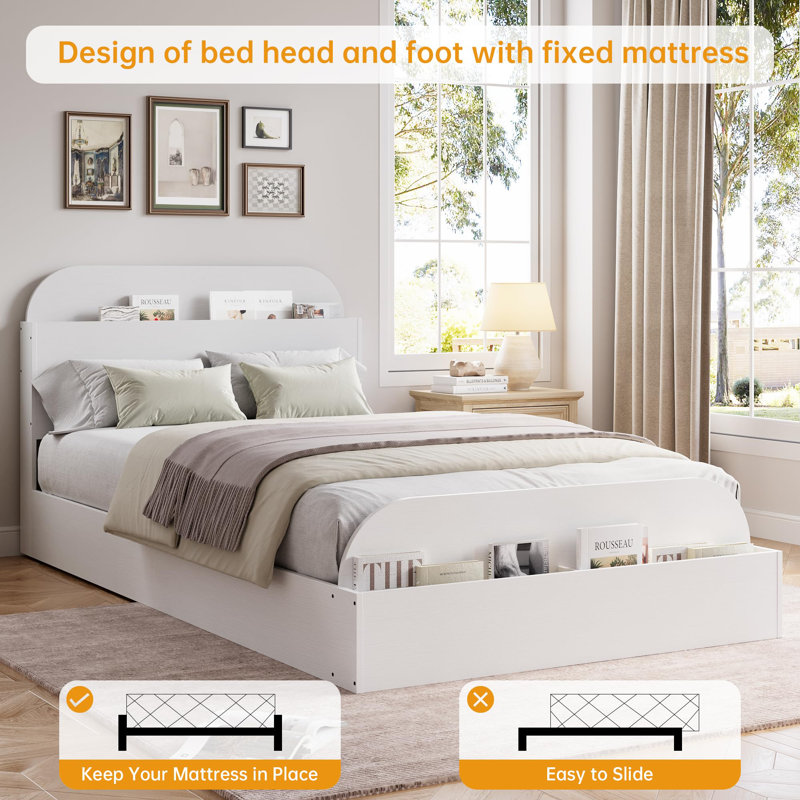 Twin-XL Wooden Platform Bed Frame with Storage Headboard & Raised Footboard, Low Profile Design, Sturdy Slat Support, No Box Spring Needed - White Wood Grain