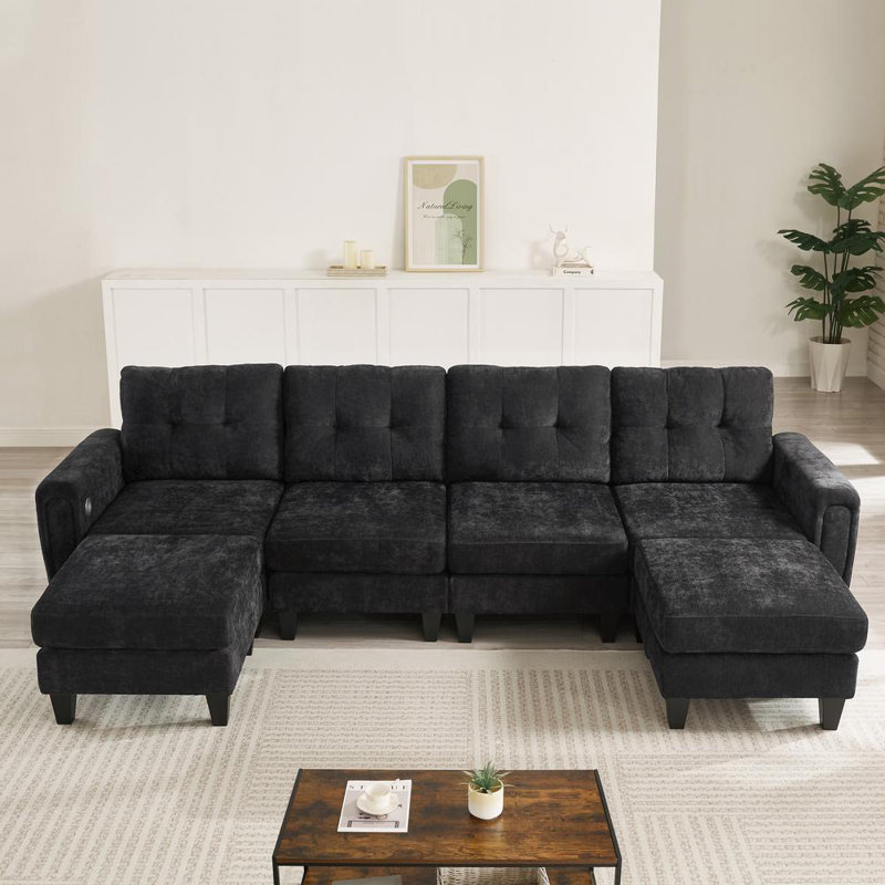 U-shaped Sectional Sofa (Black), Black Chenille