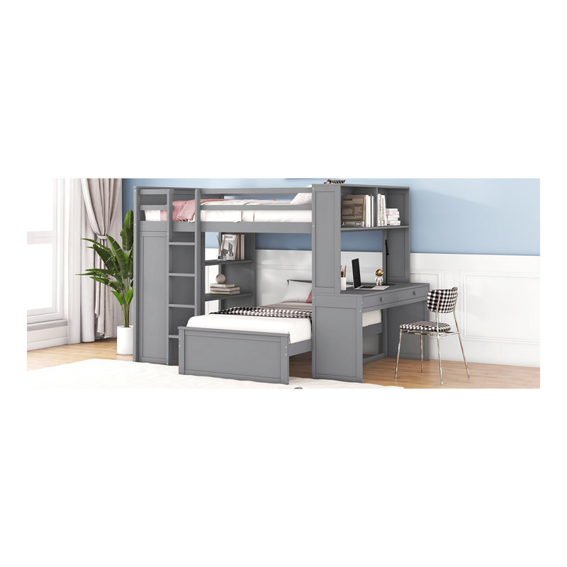 Lit mezzanine double avec lit simple autoportant, tablettes, bureau et garde-robe gris, Lit double, Gris