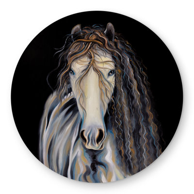 Abstract Horse with Curly Mane - Gray Round Outdoor Rug