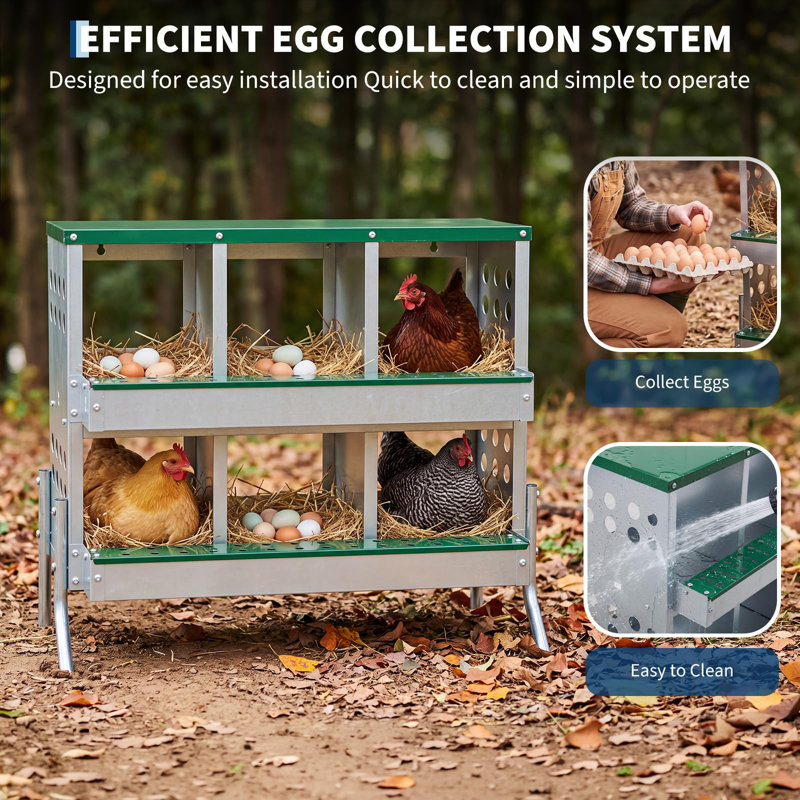 Nichoir à poules en métal à 6 compartiments avec couvercle à charnière, support surélevé robuste en acier galvanisé.
