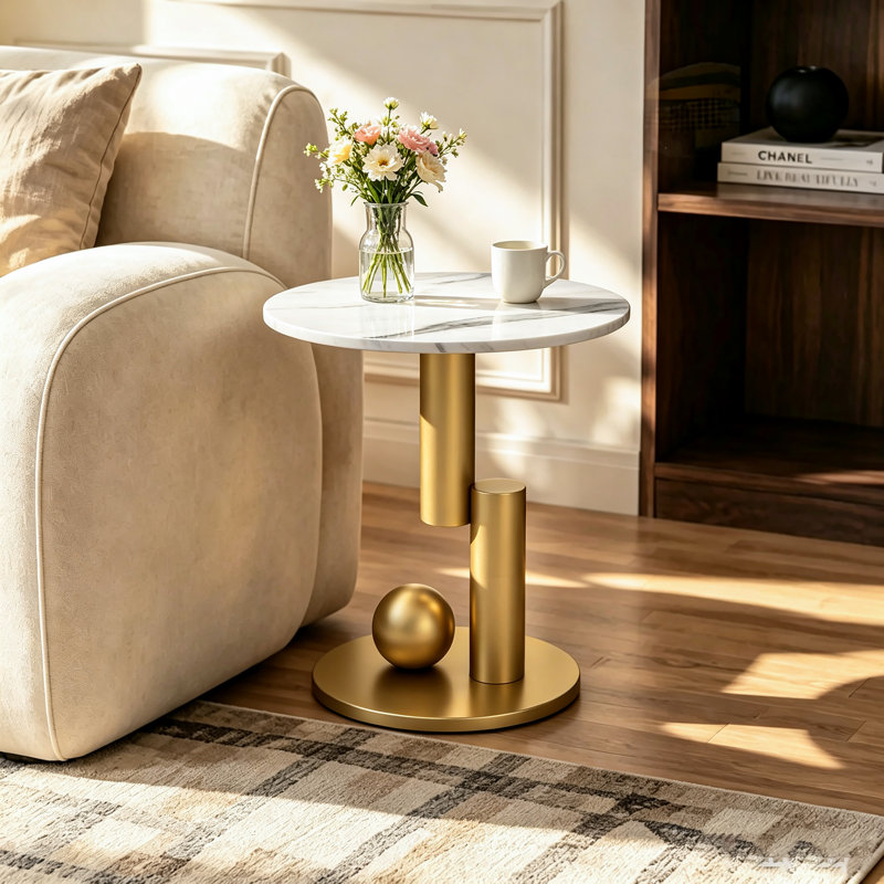 White Marble End Tables Set of 2, Nightstands for Living Room, Bedroom, Office, Mustard Gold